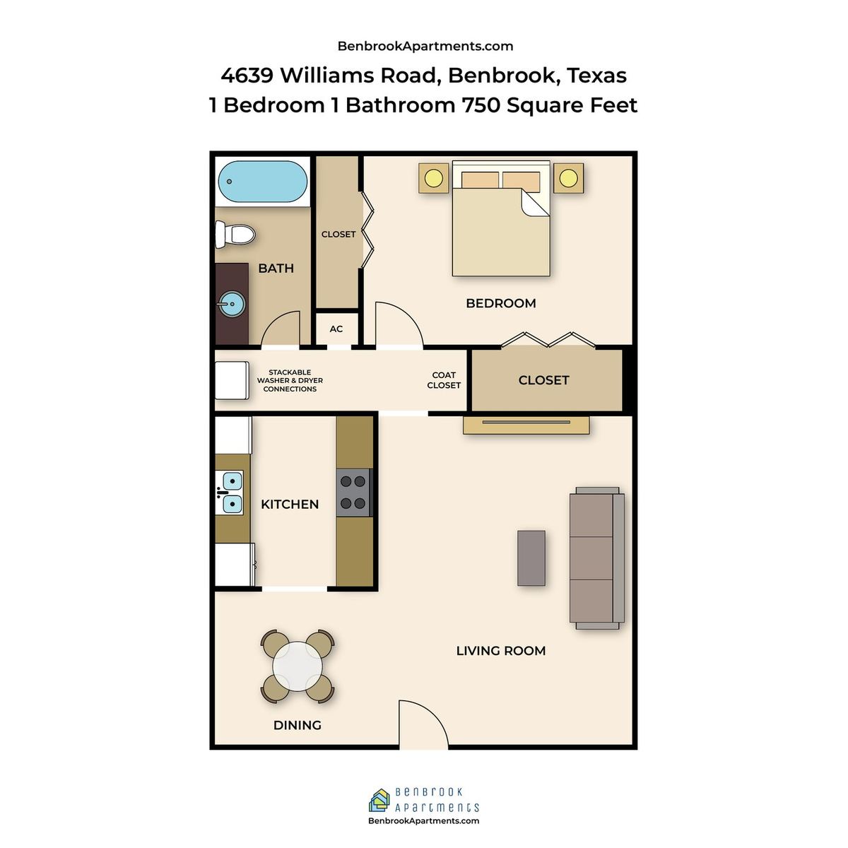 Floor plan of the 750 square foot one bedroom, one bath apartment