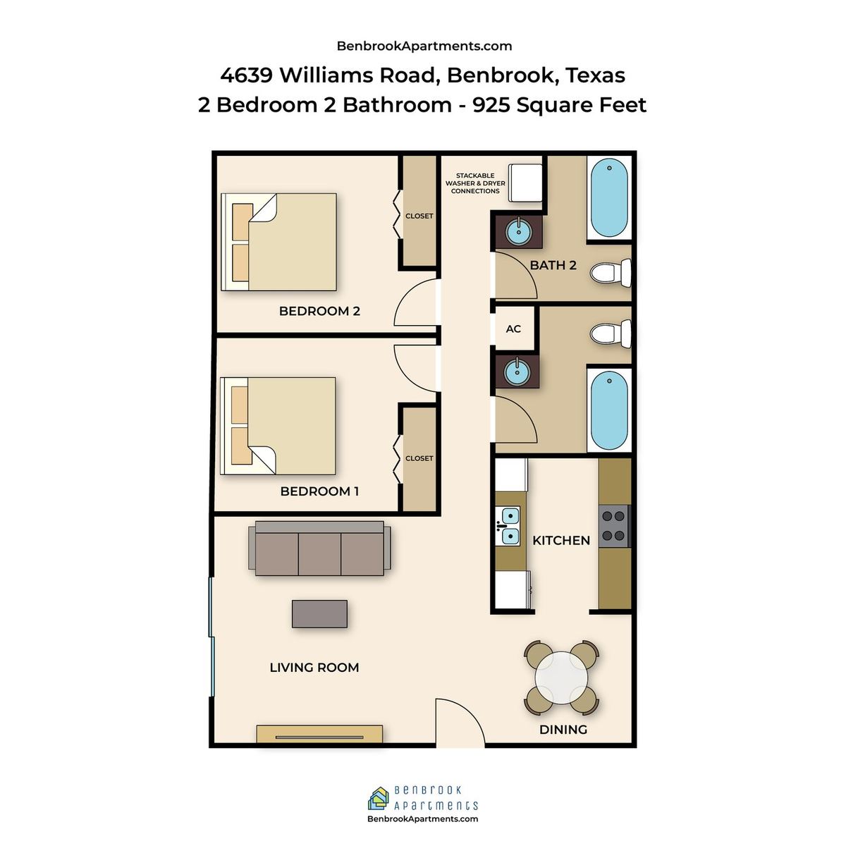 Floor plan of the 925 square foot two bedroom, two bath apartment